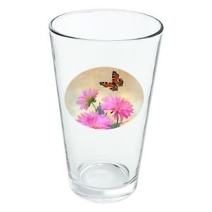 Pink dahlia flower and butterfly 16 oz pint glass